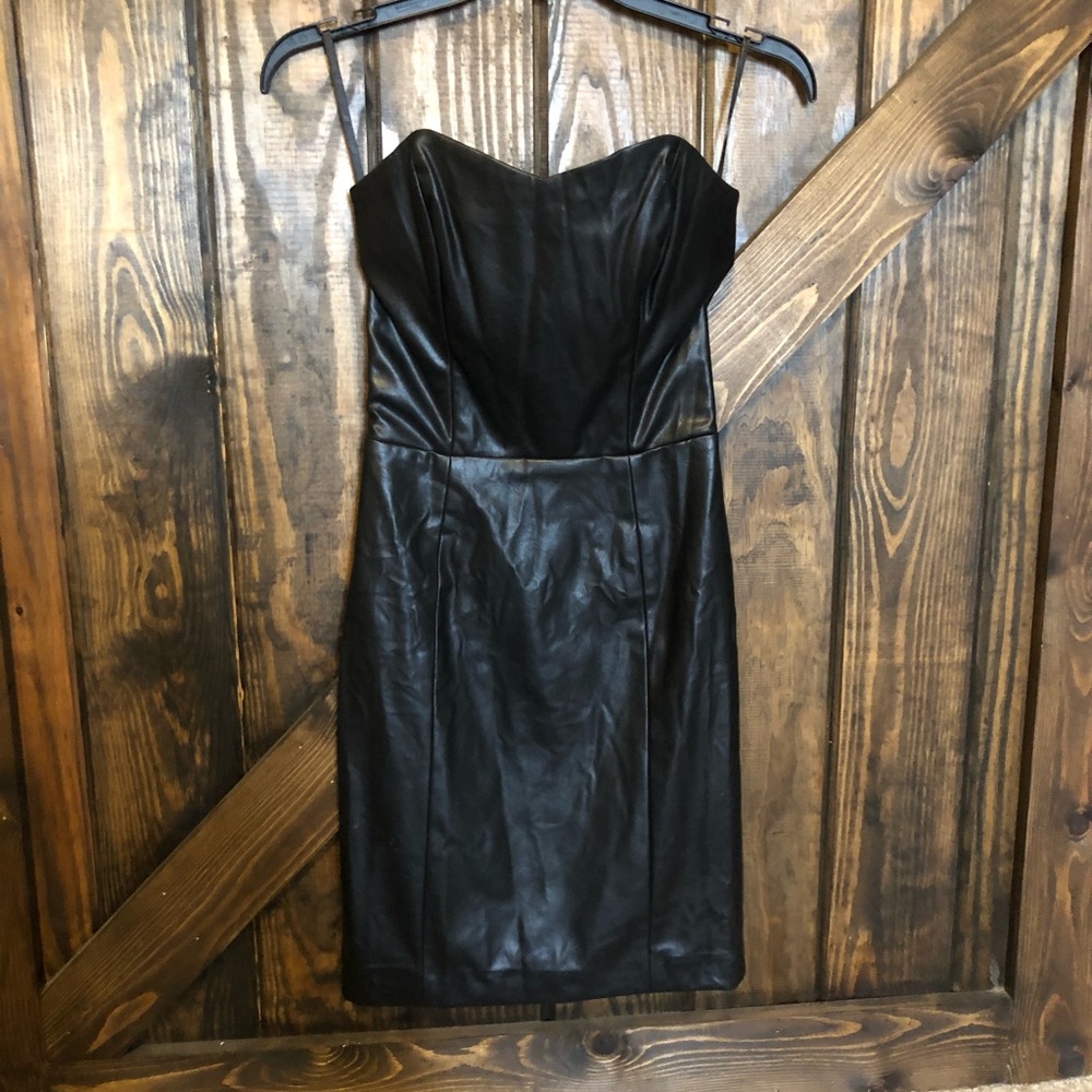 Kittenish faux leather black strapless dress XS